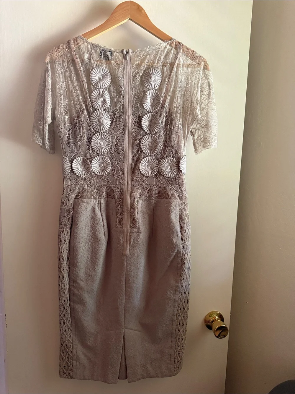 BYRON LARS Taupe Lace Midi Dress with Floral Appliqué - Picture 3 of 6
